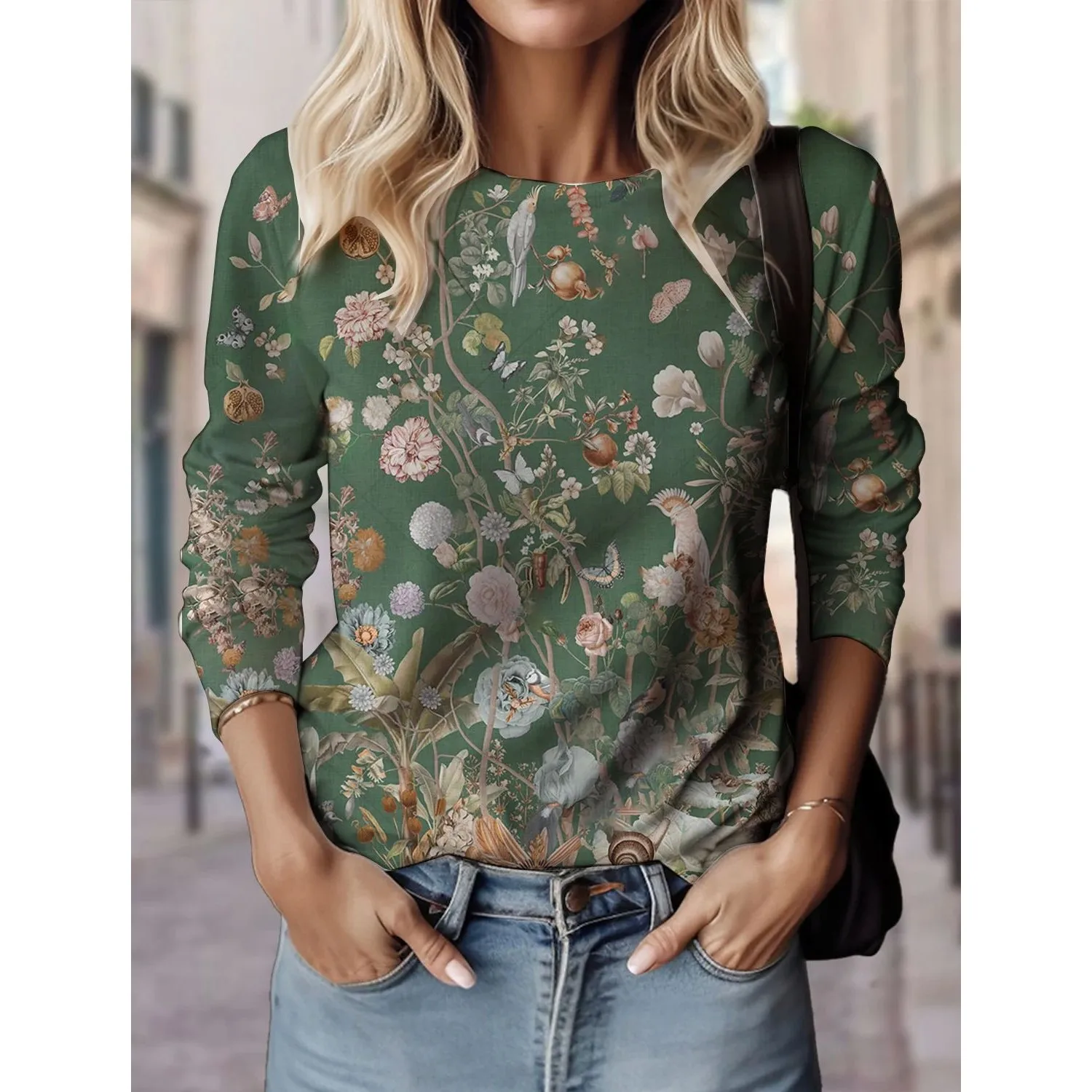 

New Womens Floral Pattern 3D Print T irts One Ne Cas Tops Autumn Collection 00% Other Material Ladies Faion Silk Tops