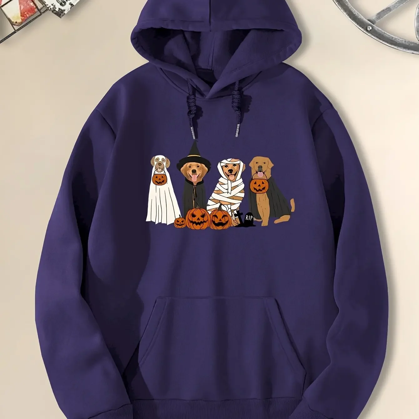 Cute Halloween Golden Retriever Dog Cosplay Outfits Jack O Lantern Rip Tombstone Graphic Hoodie Oversized Black Pullover Top