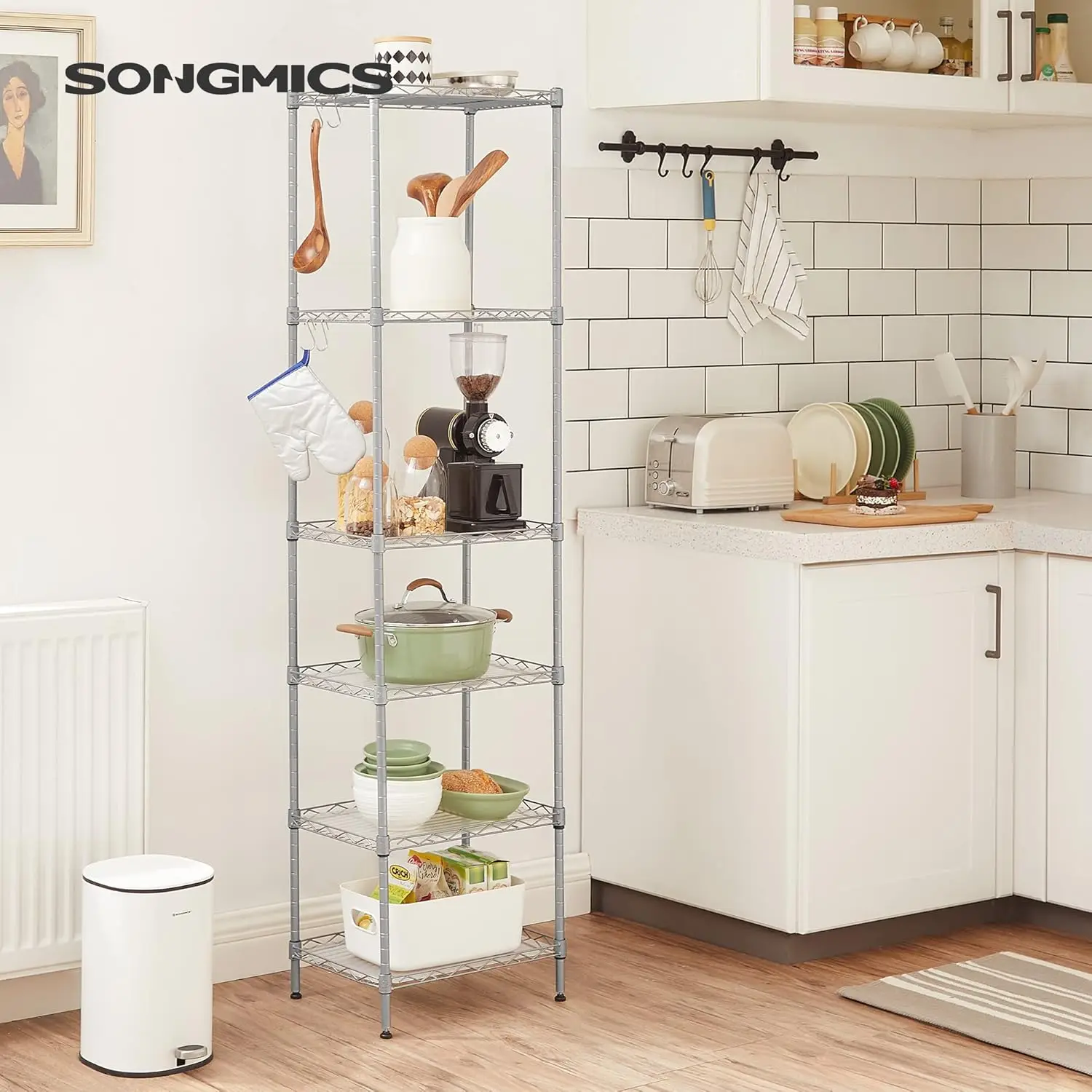 SONGMICS 6-Tier Shelving Unit, Mesh Storage Shelves, with Adjustable Shelves, Garage Shelving, Kitchen, Living Room Storage