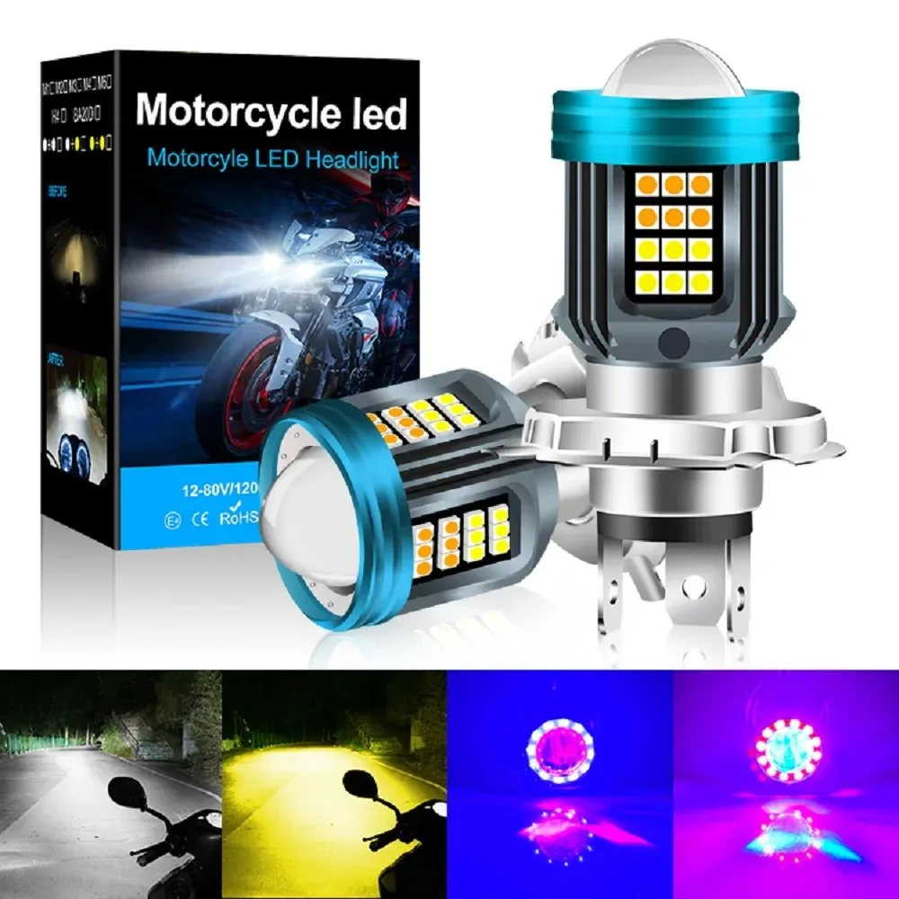 Led h4 ba20d led 오토바이 h4 led 헤드라이트, 천사의 눈 플래시 라이트 옐로우, 흰색 하이/로 렌즈 스포트라이트, 운전 조명, 12V-80V
