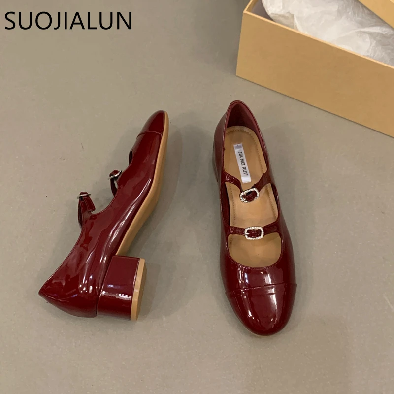 SUOJIALUN 2023 Autumn Women Square Low Heel Pumps Shoes Fashion Round Toe Mary Jane Ballerinas Flat Heel Casual Ballet Shoes