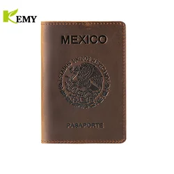 Kemy high-end méxico capa de passaporte de couro genuíno para mexicano titular do cartão de crédito vintage masculino feminino caso de passaporte carteira de viagem