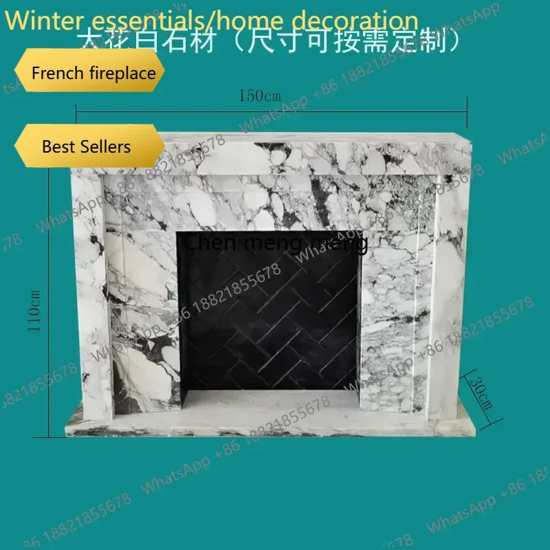 A95 Large white marble stone fireplace cabinet, French‑American minimalist decor for living‑room & entrance ornament.