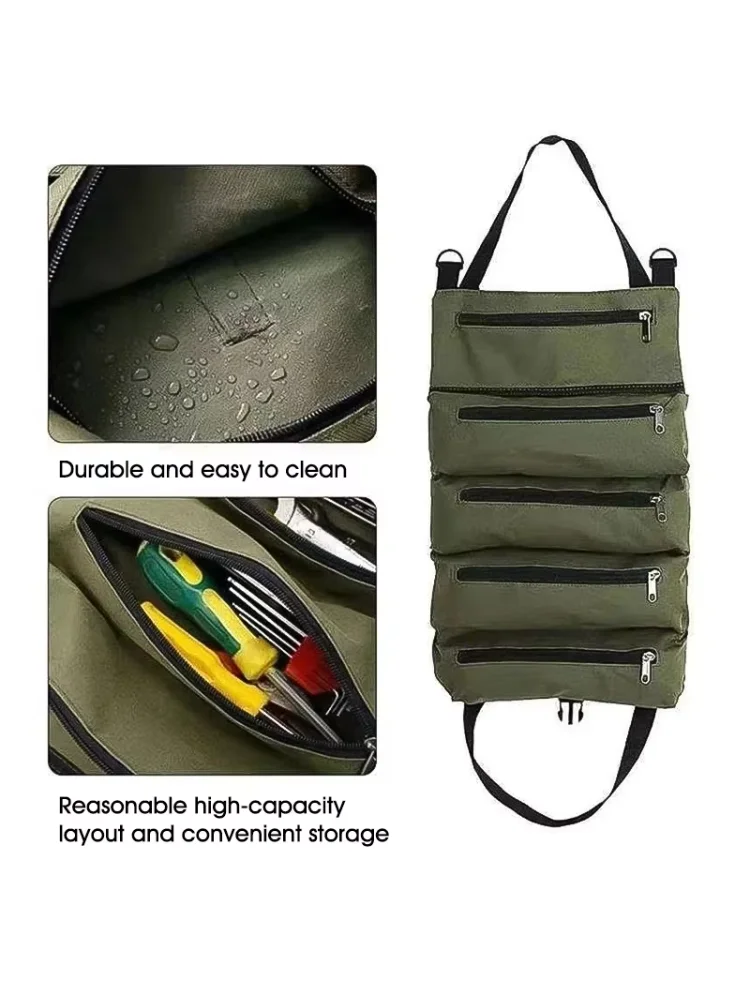 Heavy-Duty Roll-Up Tool Bag - Oxford Fabric Multi-Tool Organizer All-in-One Garage Storage for Mechanics/Electricians/Carpenters
