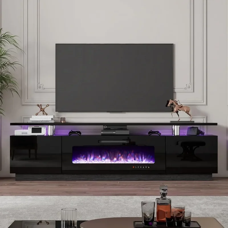 

80" Fireplace TV Stand, Modern High Gloss Finish Media Console with 40" Electric Fireplace, Open Storage Entertainment Center