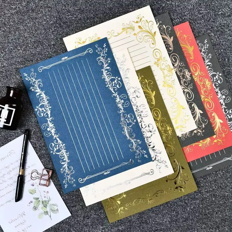 12pcs Creative European Retro Letter Paper Romantic Love Confession Invitation Writing Paper Office Bronzing Gold Silver Pattern
