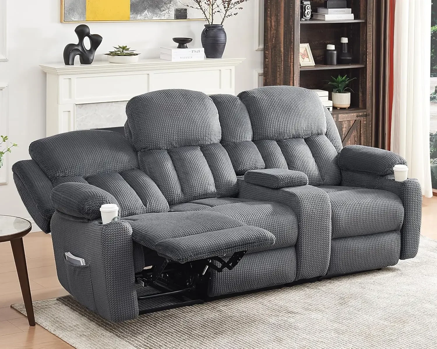 Recliner Couch, 3 Seater Reclining with Cup Holders, Console with Charging Socket, Comfy Recliner Sofas for Living Room(Grey)