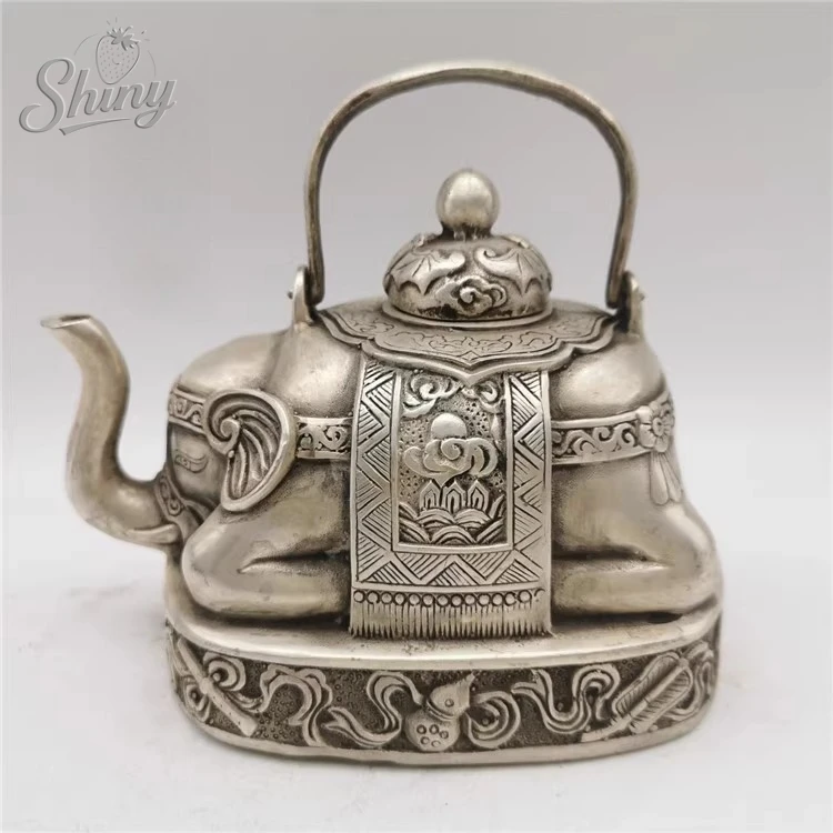 

xuande marks Ancient Chinese Handcrafted Tibet Silver Carve Flower Exquisite Elephant Tea pot statues collect decoration
