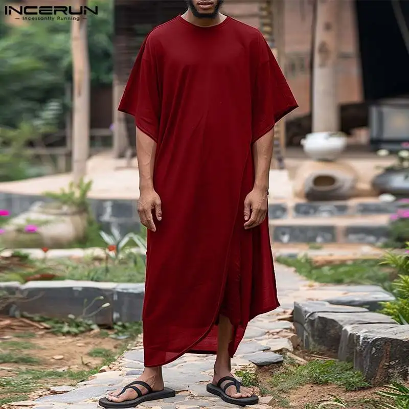 INCERUN-veste masculina de kaftan estilo muçulmano, estilo longo juba thobe, moda árabe, veste sólida com o pescoço, manga curta, novo, £, 2022