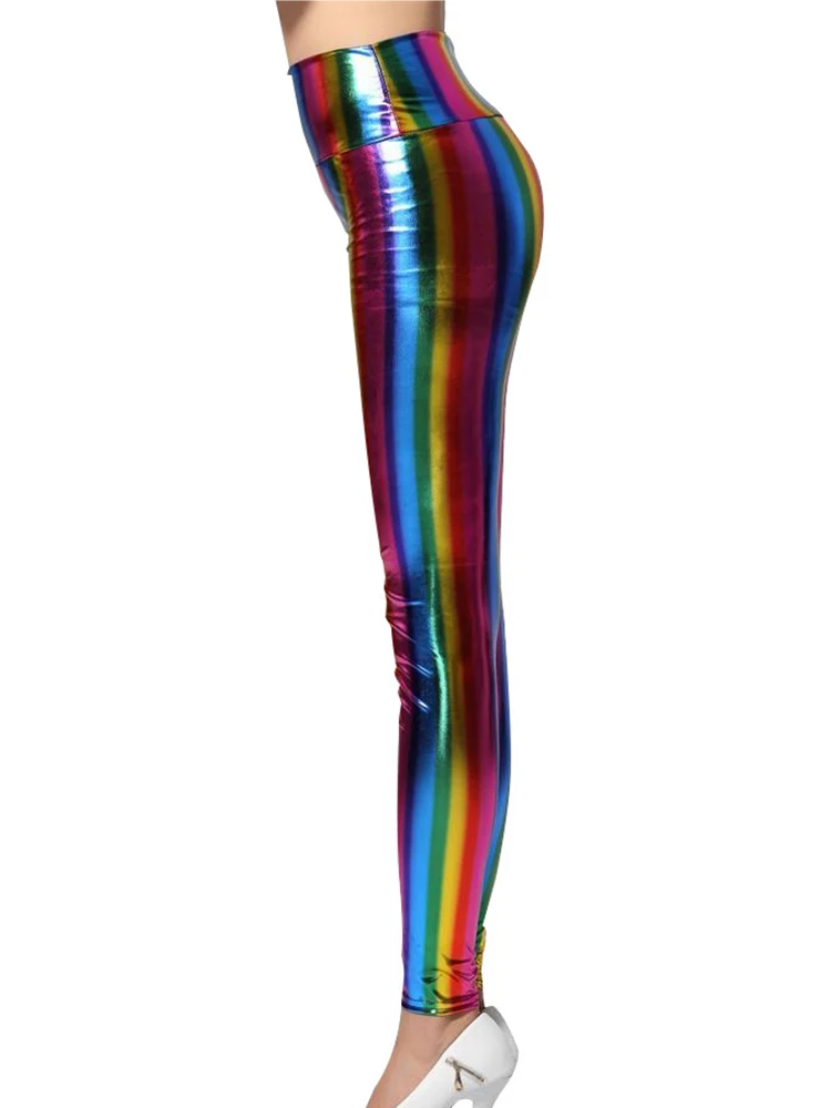 Rainbow Nightclub Sexy Leggings Women PU Faux Leather Leggins New Pencil Pants Streetwear Jogging