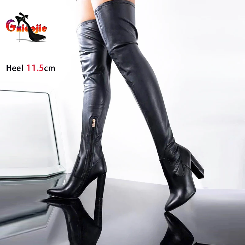 Sexy Thigh High Heel Boots Women Pointed Toe High Heels Stretch Leather Over-the-Knee Crotch Boot Slim Leg Stripper Dance Shoes