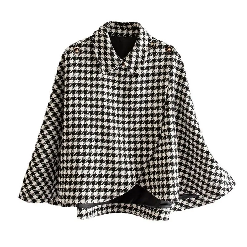 

Wool Cloak Loose Plaid Shawl Autumn Winter Commuting Korean Houndstooth Lapel Woolen Coat