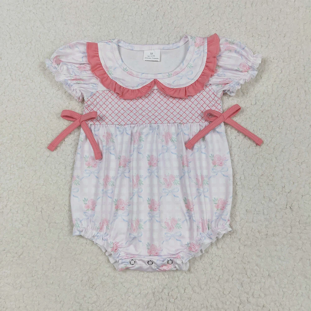 Baby Girl Sibling Embroidery Flutter Sleeves Bow Ruffle Bubble Romper Toddler Infant Jumpsuit Kids Children One Piece Wholesale