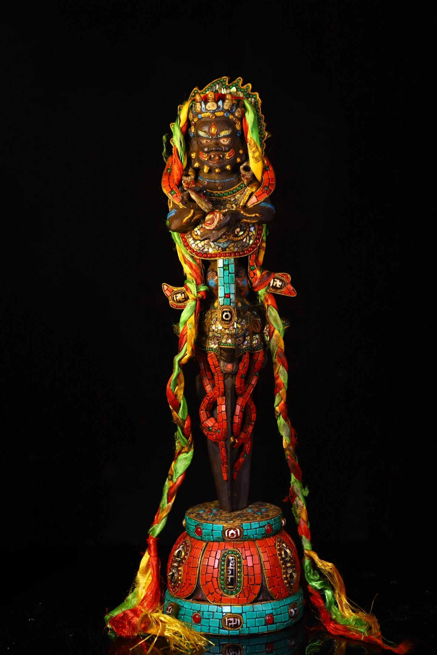 

20"Tibetan Temple Collection Old Bronze Mosaic Gem gZi Beads Turquoise Mahakala Buddha Vajra Phurpa Amulet Dharma Town House