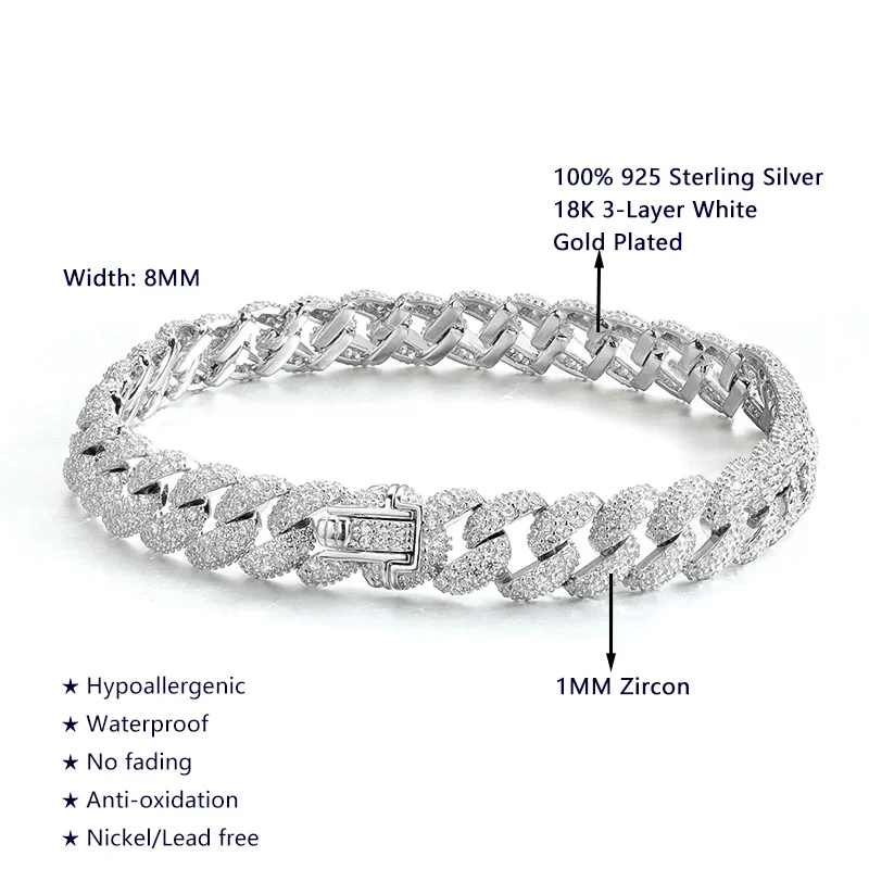 Hip Hop Cuban Tennis Bracelet for Man Full Diamond Sparkling Zircon S925 Sterling Silver Plated 18K White Gold Party Bracelets