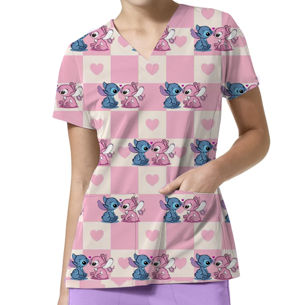 

2025 Hospital Staff Nurse Uniform Women's Stitch Mickey Mouse Print Casual Short Sleeve V Neck Paramedic Tops Medical Uniform