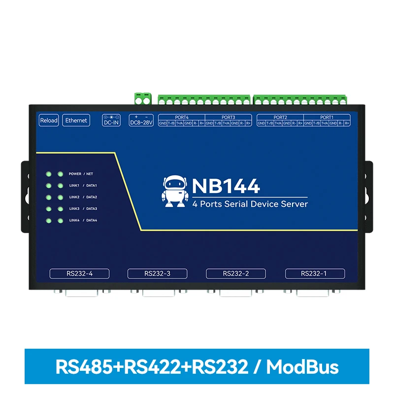 

4-Channel Serial Server RS232/422/485 RJ45 Modbus Gateway NB144ES POE Receiving Power TCP/UDP/MQTT DC 8-28V