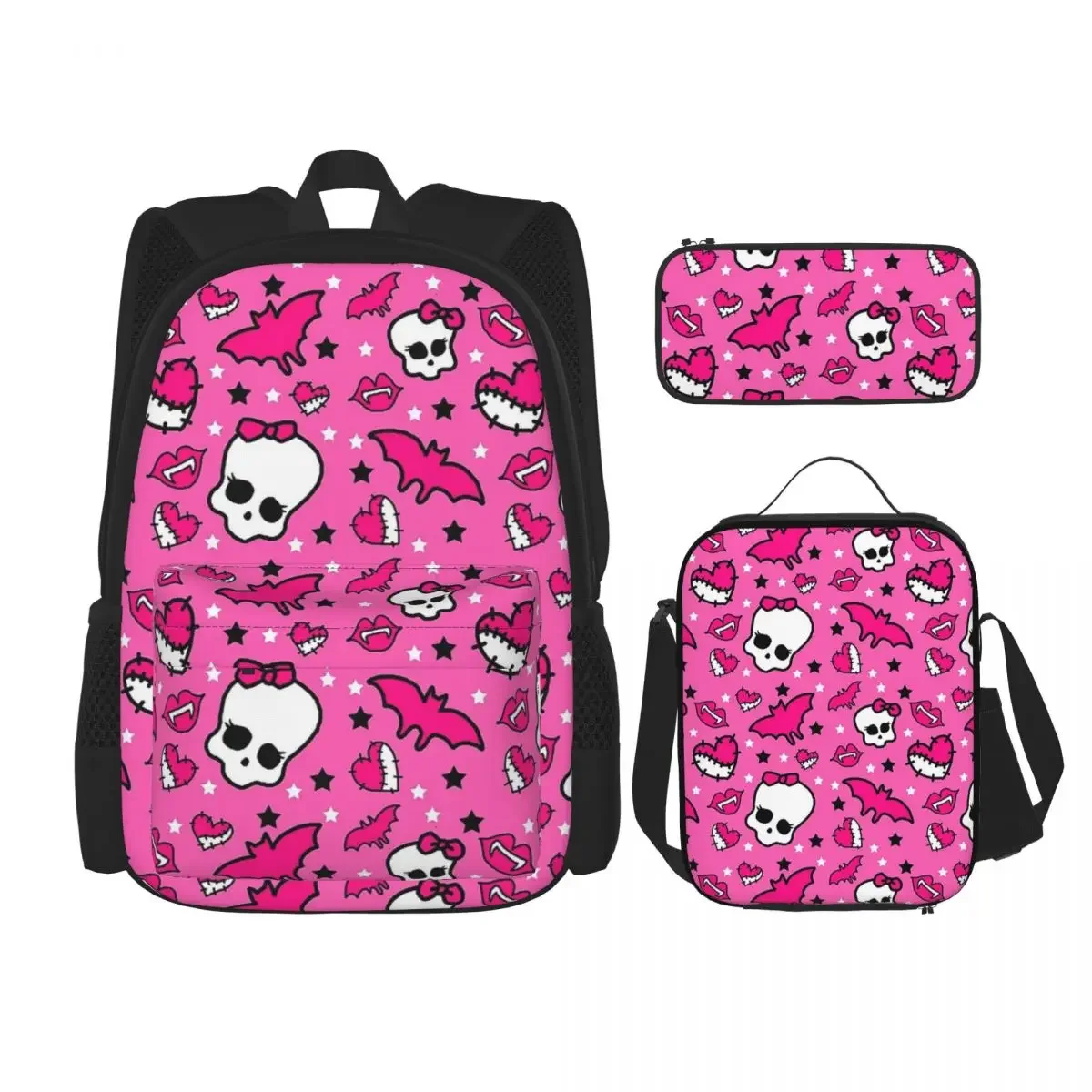 

Monster High Pretty Pink Pattern Backpacks Boys Girls Bookbag Students School Bags Rucksack Lunch Bag Pen Bag Three-Piece Set