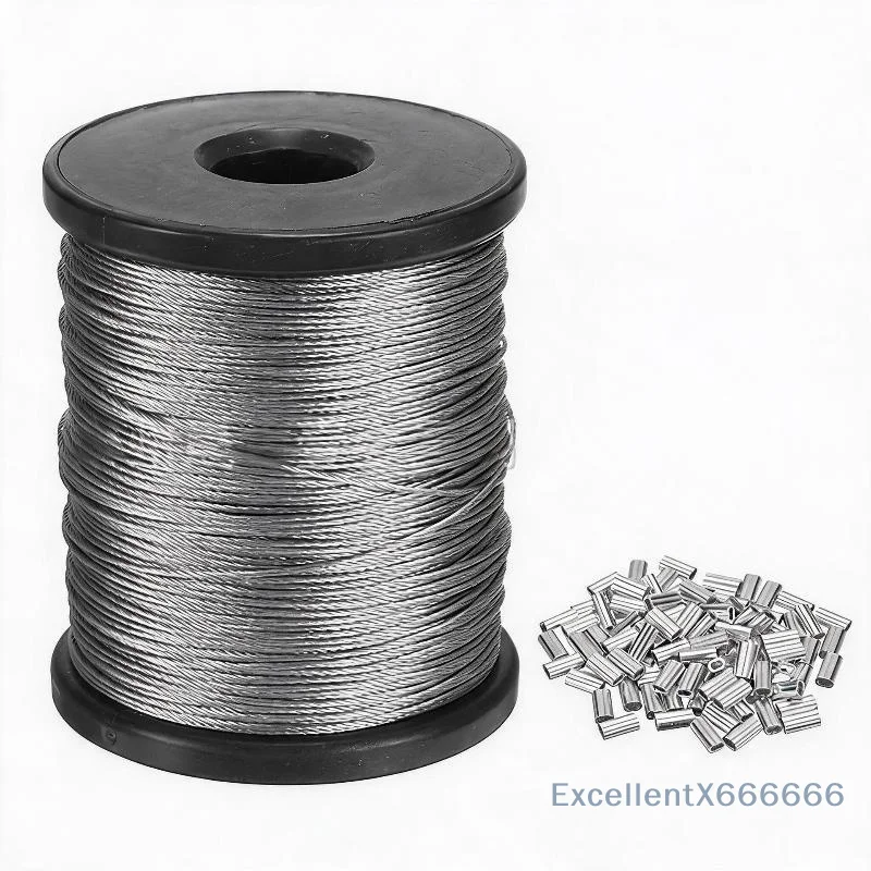 50m/196ft Stainless Steel Wire Rope With 50 Aluminum Crimps, 7x7 Strand Core 304 Cable For Outdoor Hanging, Clotheslines, Garde