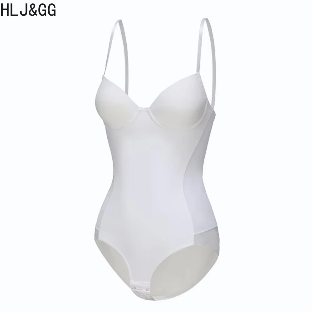 HLJ&GG Sexy High Quality Stretchy Solid One Piece Bodysuits Women V Neck Spaghetti Strap Slim Bodycon Rompers Fashion Jumsuits