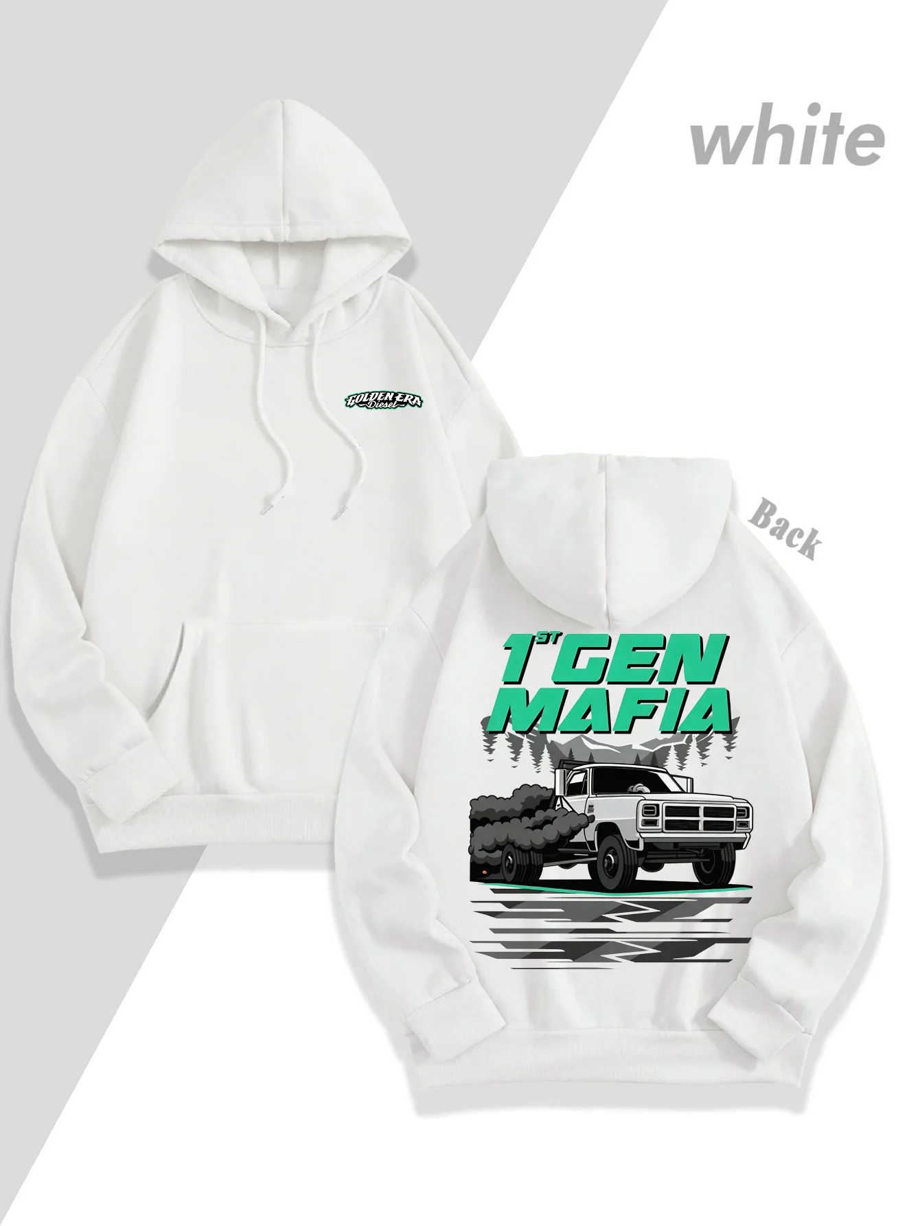 Men's loose-fitting hooded sweatshirt with retro mountain forest print, classic truck enthusiast trend-hungry hooded shirt