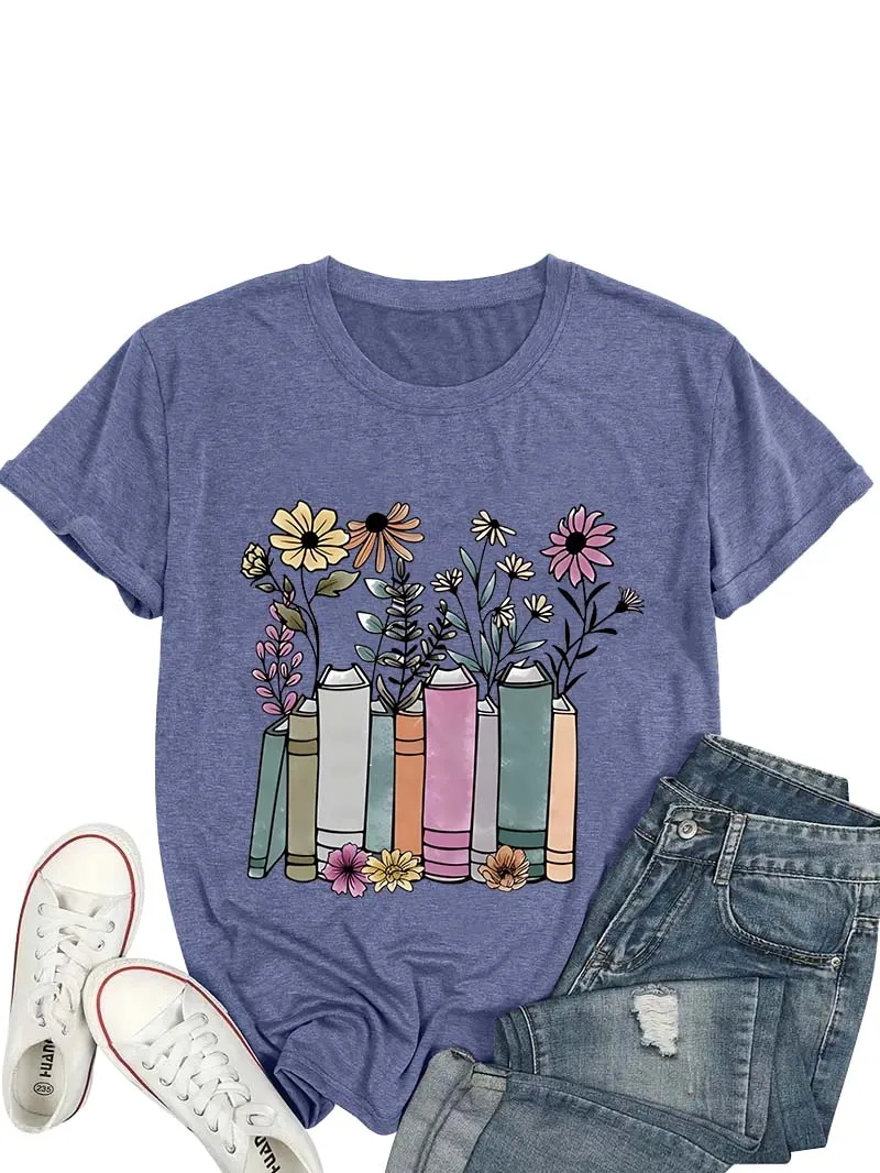 Camiseta feminina branca plus size com estampa de livro e flores para livro - eventos temáticos e jardim - passeios inspirados