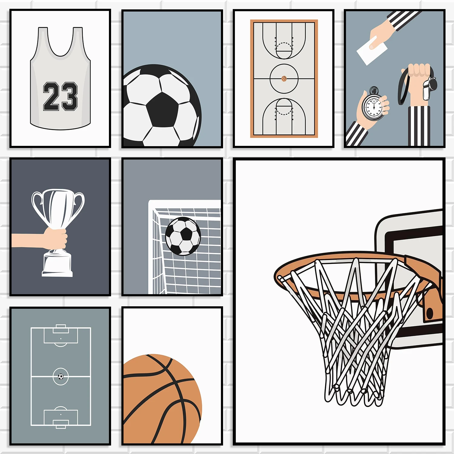Simple Line Sports Themed Canvas Print Basketball Hoop Football Jersey Trophy Wall Art Kids Room Gym Interior Decorative Poster