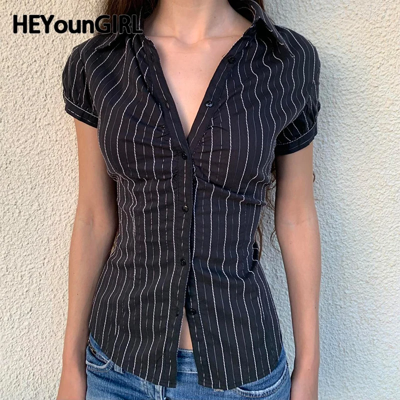 HEYounGIRL Black White Striped Button Tee Shirt Y2K Women Casual Puff Sleeve Fitted Crop Top Casual Retro Turndown Collar Tops