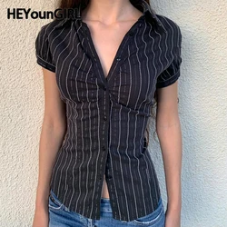 HEYounGIRL Black White Striped Button Tee Shirt Y2K Women Casual Puff Sleeve Fitted Crop Top Casual Retro Turndown Collar Tops