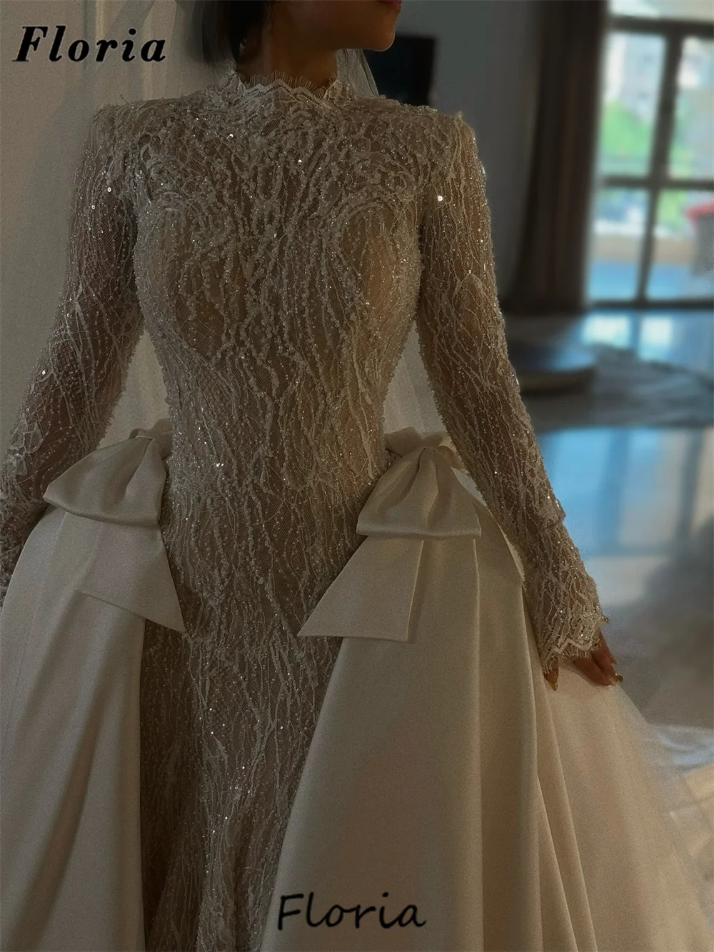 

Gorgeous Lace Beaded Wedding Dresses With Detachable Skirt Muslim Long Sleeves Evening Party Gowns Customized Engagement Dress