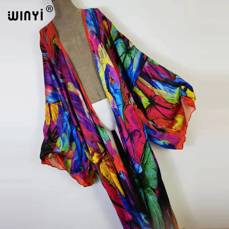 2022 new WINYI Summer Butterfly printing Beach Wear Swim Suit elegant Africa women boho Cardigan sexy Holiday long Sleeve Kimono