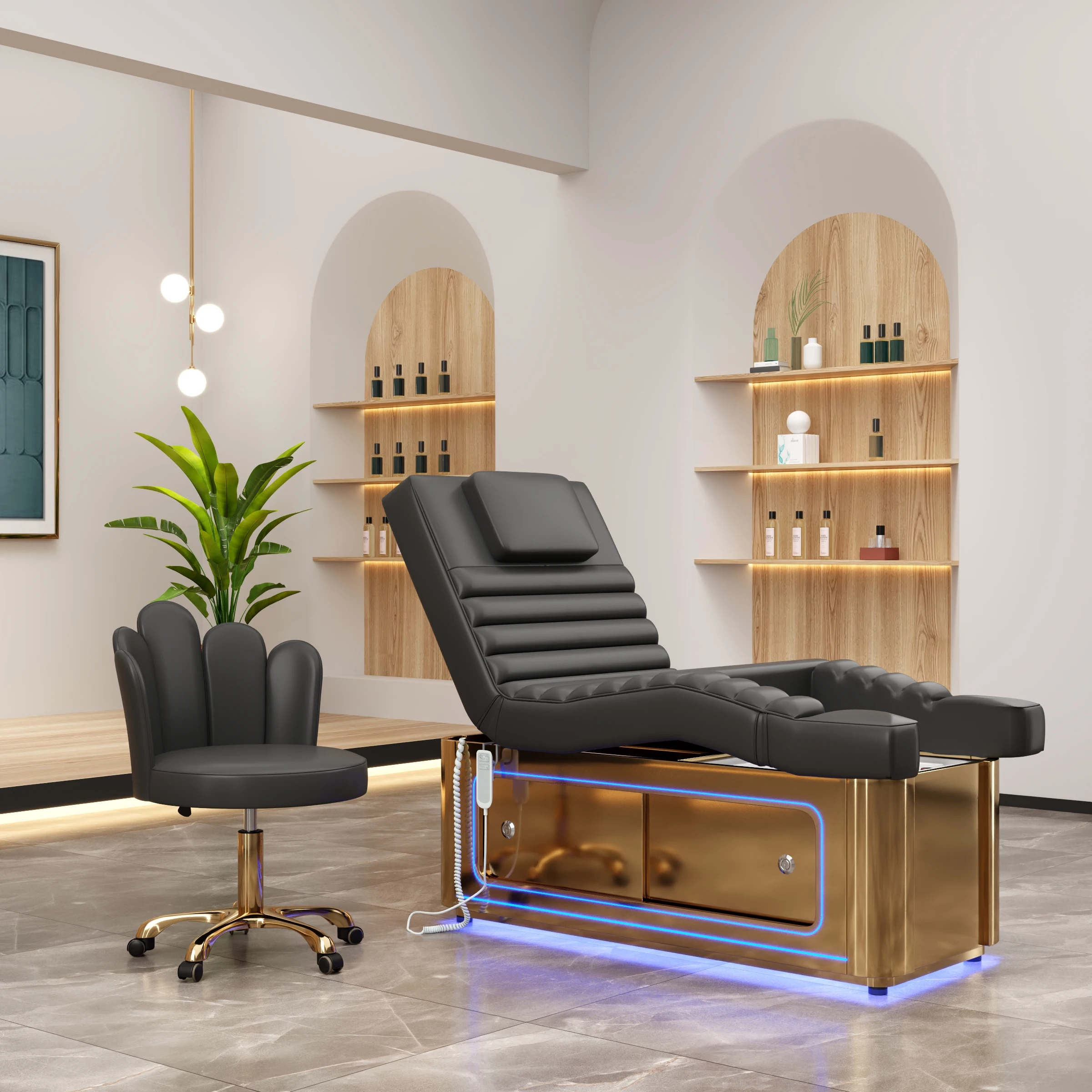 

Newest Design Black Leather Gold Metal Beauty Foot Spa Facial Bed for Salon Beauty Facial Spa Massage Pedicure Beds