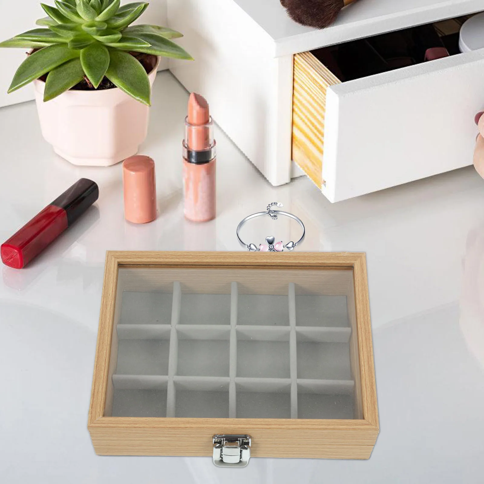 

Wooden Jewelry 12 Grids Compact Lightweight Clear Lid Multi Compartment Jewelry Tray Organizer Storage Display