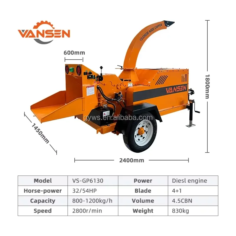 Vansen Movable Engine Wood Chipper Chopper Machine Tree Branch Wood Log Shredder Branches Wood Crusher