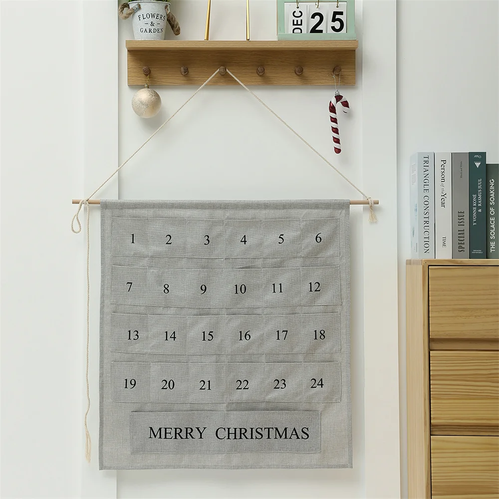 Christmas Countdown Advent Calendar With 24 Days Pockets Grey Canvas Merry Christmas Wall Hanging For Home Door Decor