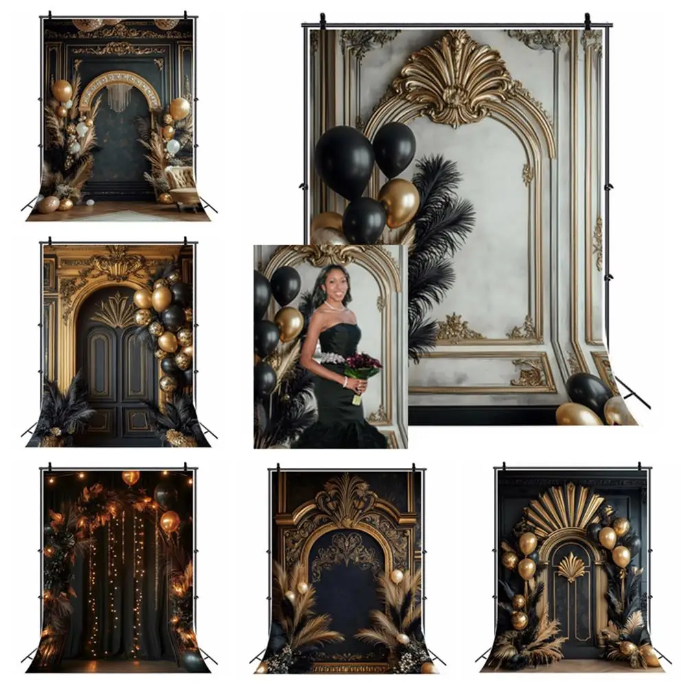 

Gold Black Portrait Photography Backdrop Boho Style Vintage Europe Wall Wedding Party Decorations Bridal Shower Photo Background