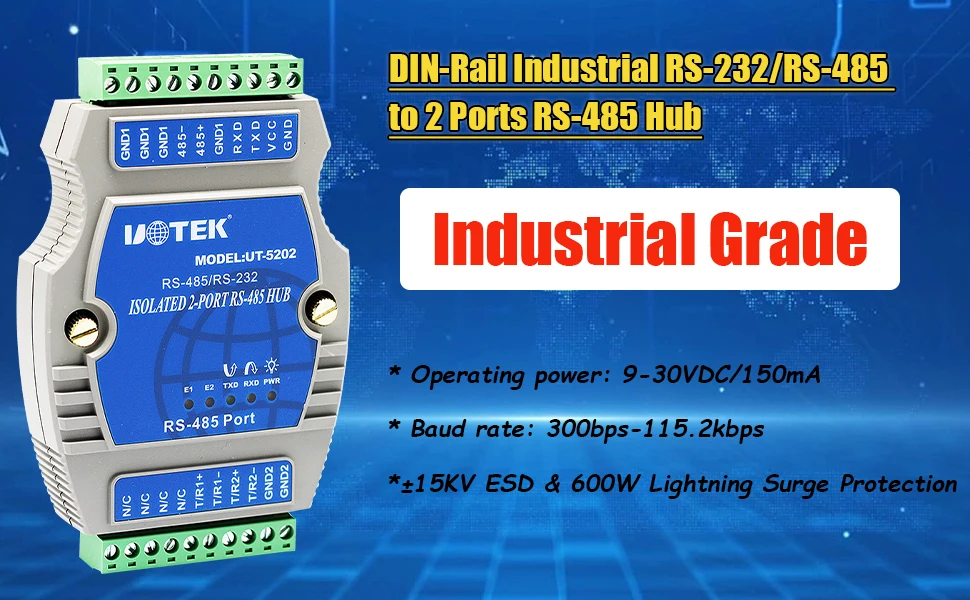 공장 판매 DIN 레일 산업용 RS232 RS485 - 2 포트 RS-485 허브 비동기식 반이중 15KV ESD RS 485 허브 UT-5202