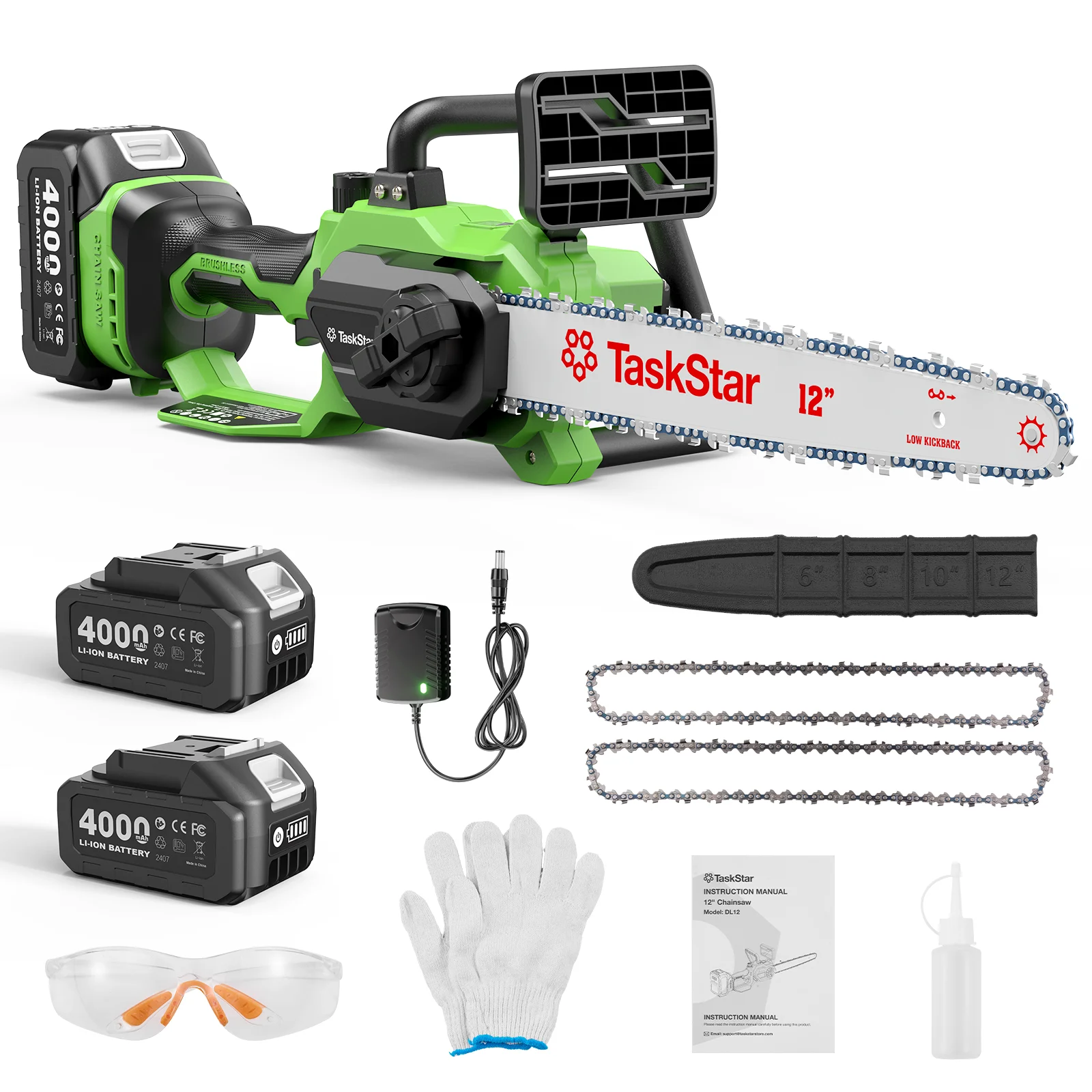 TaskStar 12-Zoll-Bürstenlose Kettensäge, 2 x 4,0 Ah, batteriebetrieben, kabellose Astsäge, automatische Ölschmierung, Gartenarbeit, elektrische Handsäge zum Schneiden von Ästen und Holz