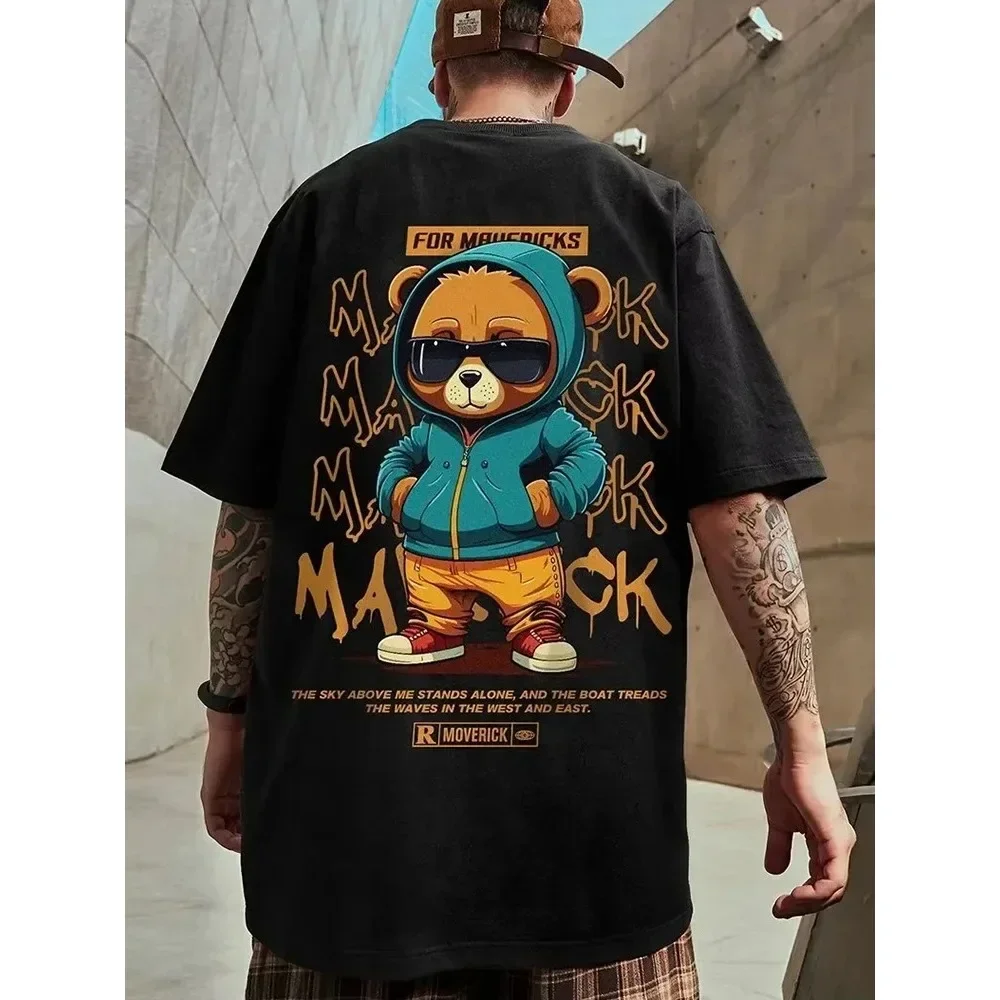 Cotton Fashion Bear Pattern Printed Men's T Shirt Round Neck Loose Tops Breathable Comfortable Casual Oversized Women Clothing