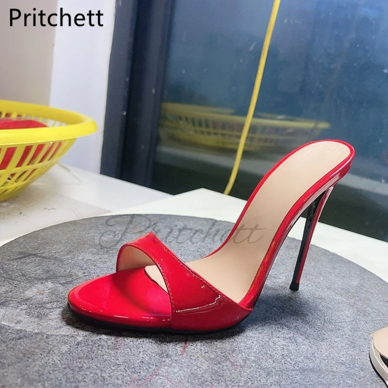 Patent Leather Red High Heels Women Open Round Toe Stiletto Sandals Summer Fashion Concise Party Catwalk Shoes High Heeled