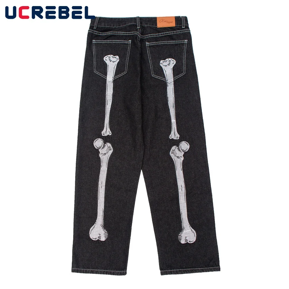 Skeleton Hand Embroidery Denim Pants Mens High Street Wide Leg Pants Streetwear Loose Casual Trousers Jeans Men