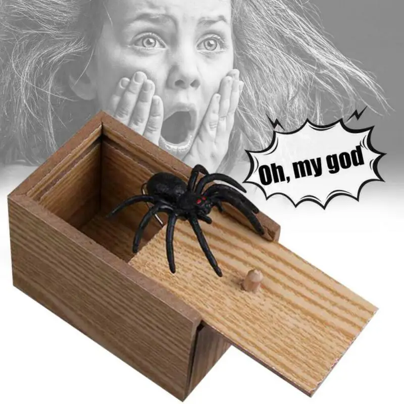 Araña de simulación con caja de madera, recuerdos para niños, broma complicada, juguete de broma, Casa Encantada, accesorios de terror, suministros de decoración para fiesta de Halloween