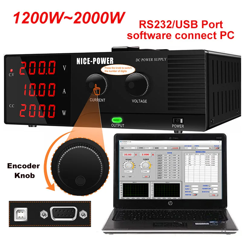 1200W-2000W High Power Programmable Adjustable DC Power Supply With RS232/USB Port Software Connect PC Bench Source Digital 100V