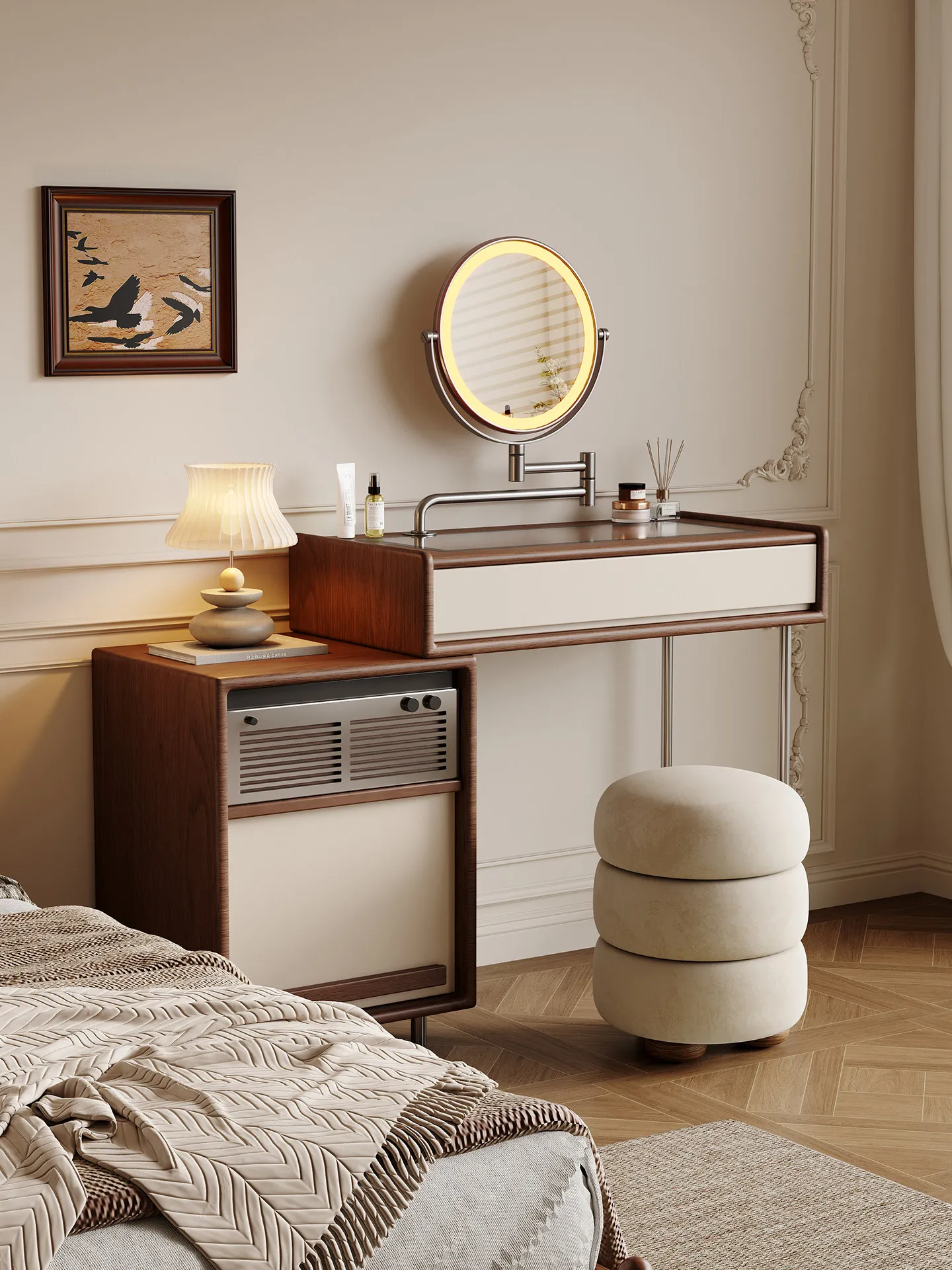 Modern small apartment Bauhaus style bedroom bedside solid wood with mirror belt multi-functional storage cabinet integrated mak