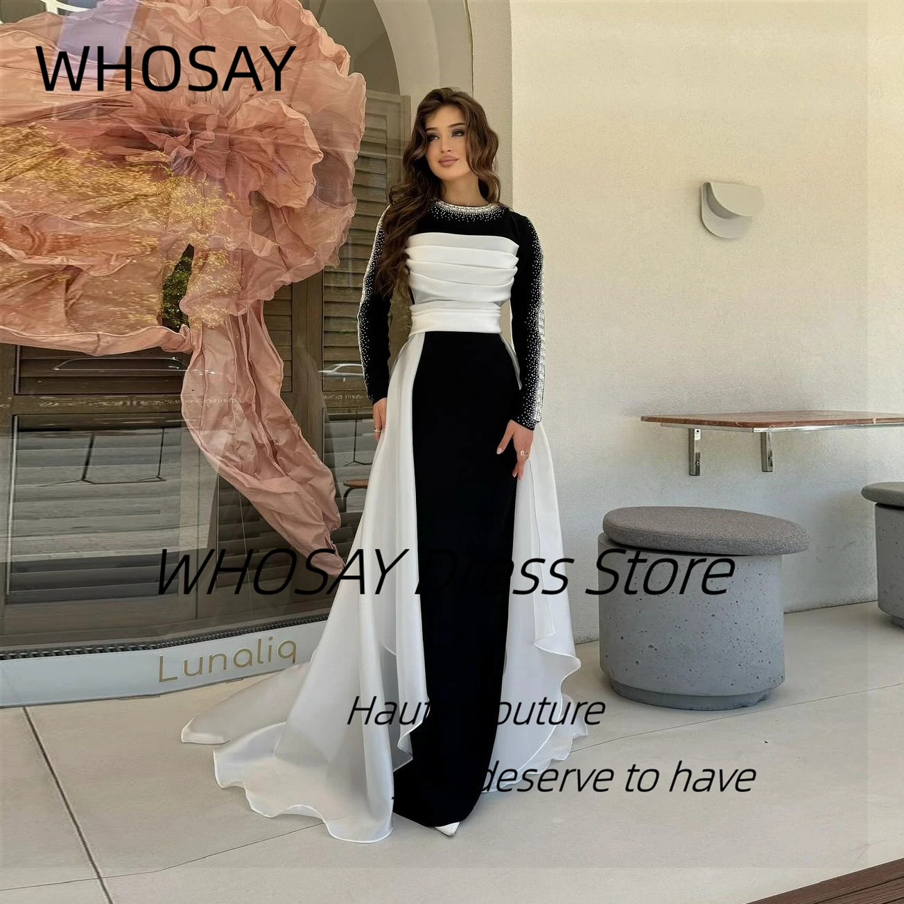 WHOSAY-Vestidos de Noche a medida con cuentas, mangas largas, vestido Formal para ocasiones con sobrefaldas, vestidos de fiesta de graduación, Color de contraste