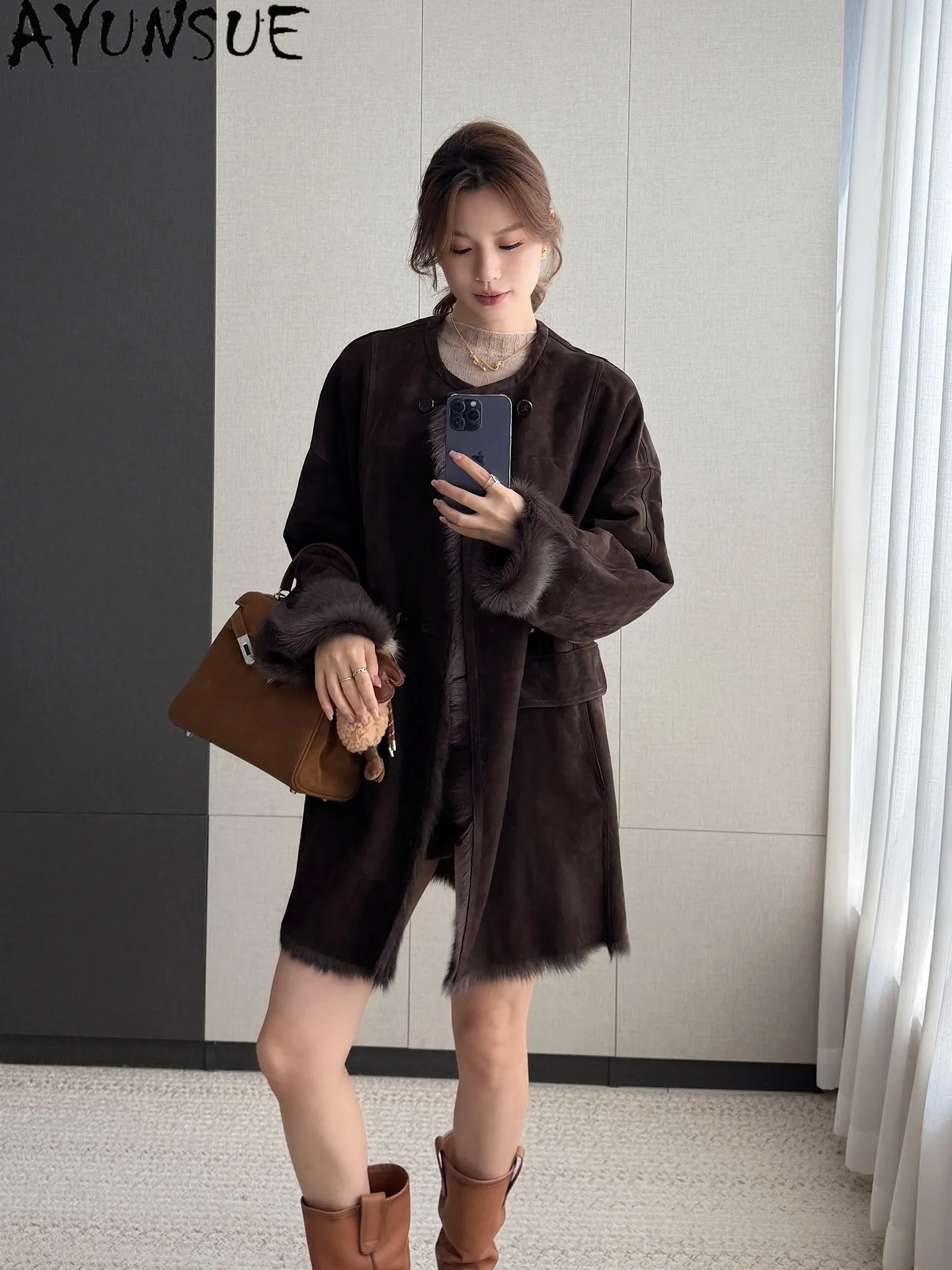 AYUNSUE Natural Sheep Fur Coat Women Clothing Winter Jacket Velvet Sheepskin Real Fur Coats Mid-length Loose Fit Шуба Женская