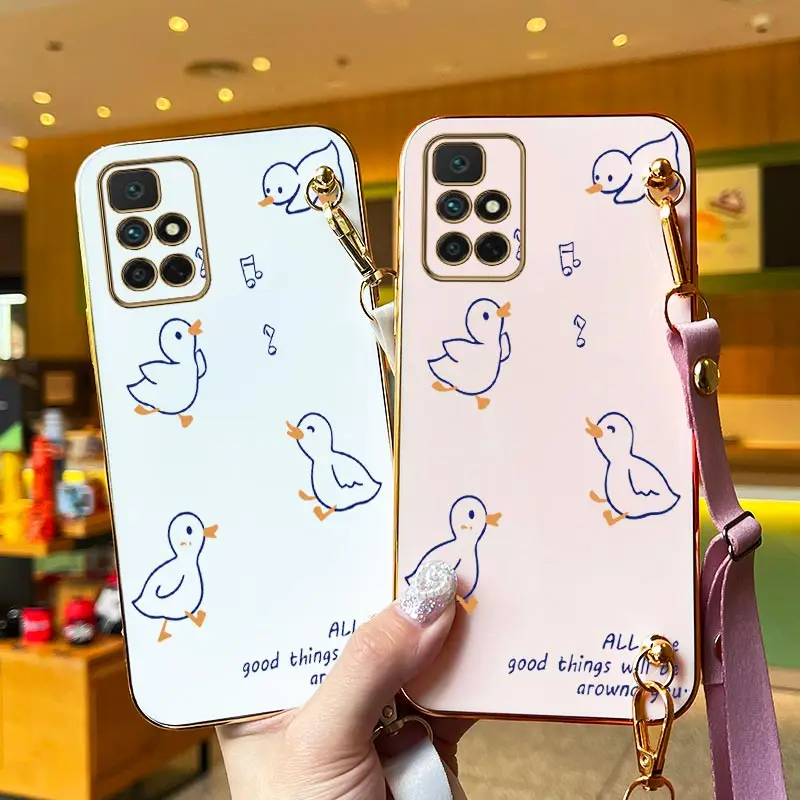 Singing Duck Lanyard Plating Phone Case For Xiaomi Redmi 10 12 13C 9i 10A 12C 9 9T 11A 9C 10C A1 Plus 8A 9A A1 8 Cover