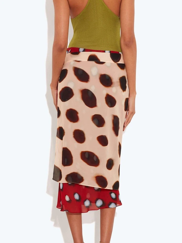 Vintage Two Tone Polka Dot Print Wrap Skirt Chic Irregular Hem Layered Chiffon Tie Waist Midi Skirt Summer Vacation Beachwear