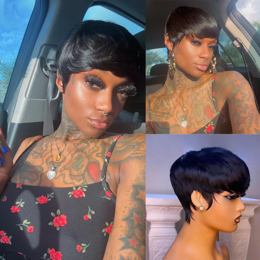 Короткий парик с стрижкой пикси. Прямые многослойные бразильские парики из человеческих волос с предварительно выщипанной челкой для женщин. Парик с машинной стрижкой.