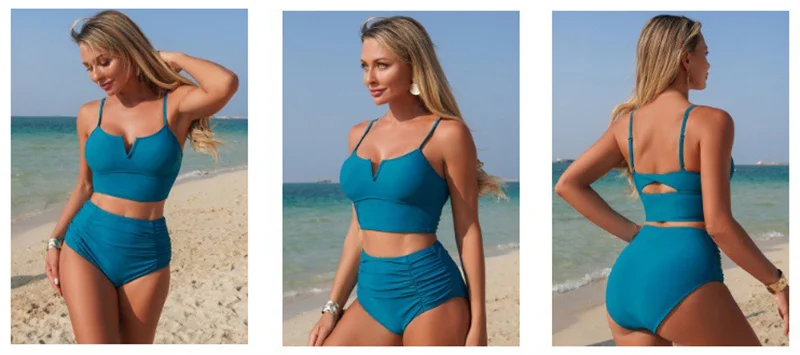 2-teiliges Damen-Bikini-Set mit V-Ausschnitt, Schwimmweste und Shorts mit hoher Taille, für Erwachsene, Bauchkontrolle, modische Badeanzüge, Strand, Surfen – Detail 4